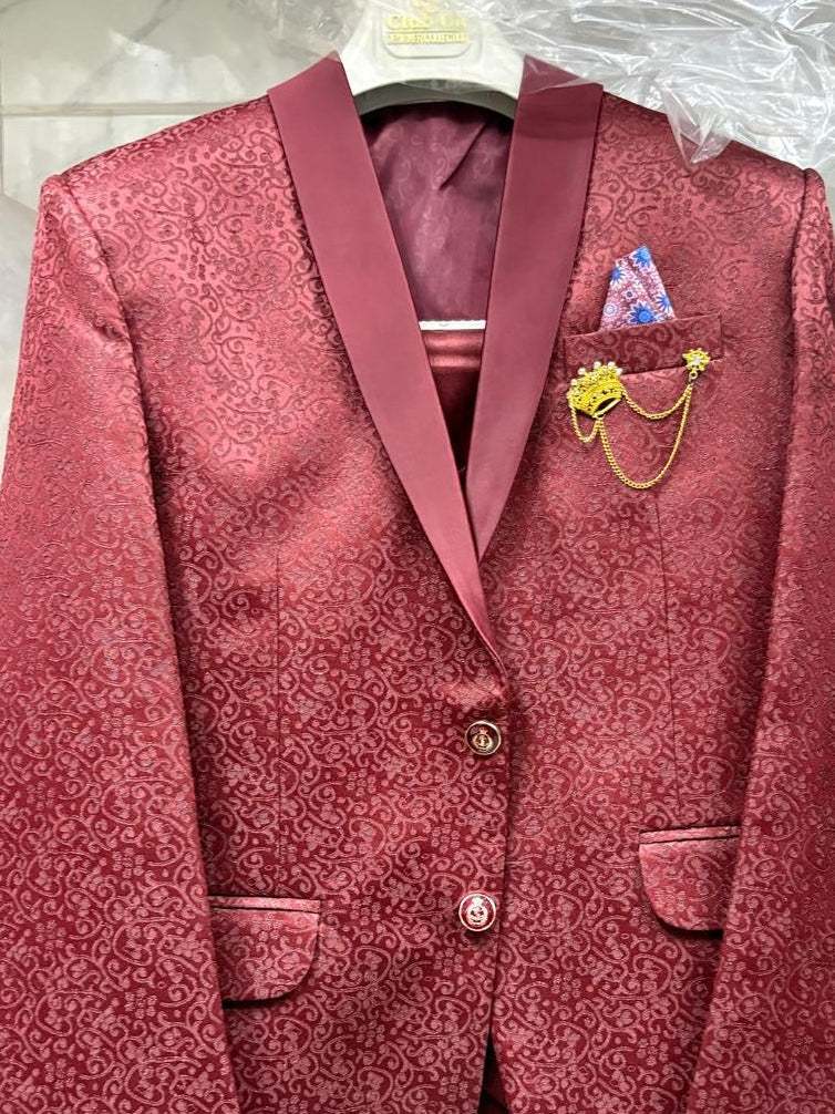 Club AK Men’s Premium Maroon Jacquard Three Piece Tuxedo Suit