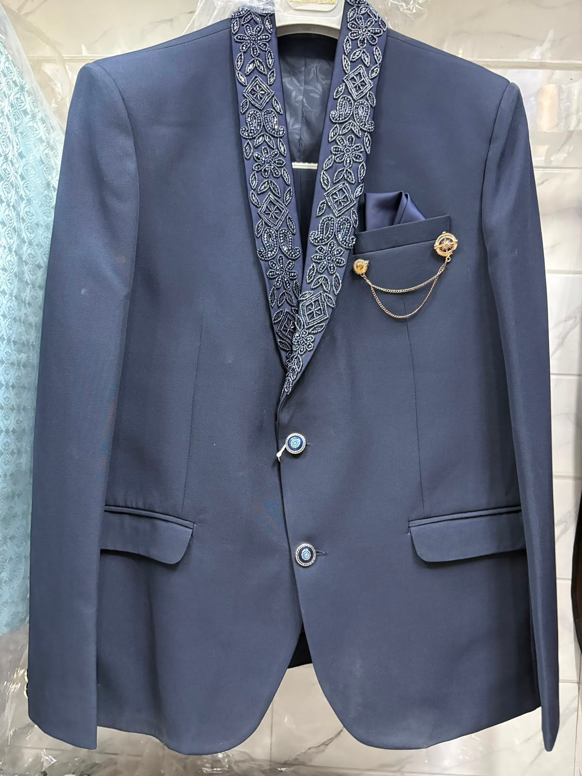 Club AK Men's Navy Blue Double Breasted Three Piece Suit Set with Designer Shawl Lapel for Wedding, Reception & Party Wear