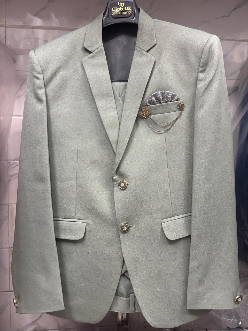 CLUB AK Men's Premium Sage Green Three-Piece Suit for Men | Designer Wedding & Party Wear