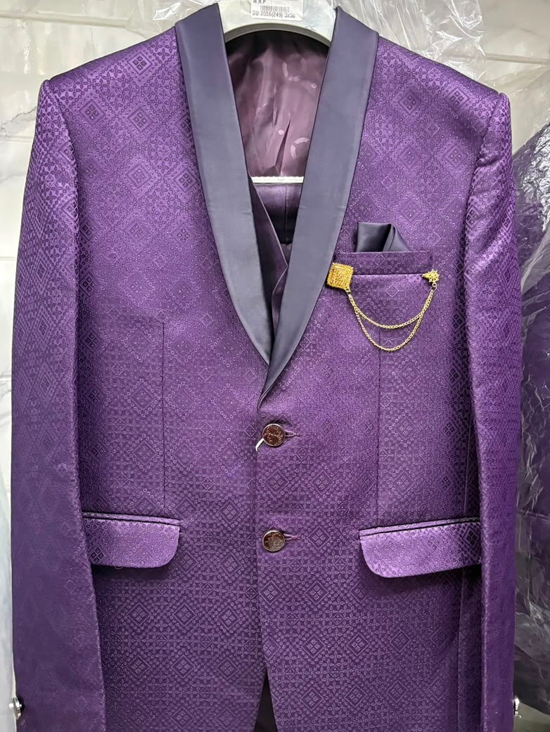 Club AK Men's Premium Purple Jacquard 3 Piece Suit for Men