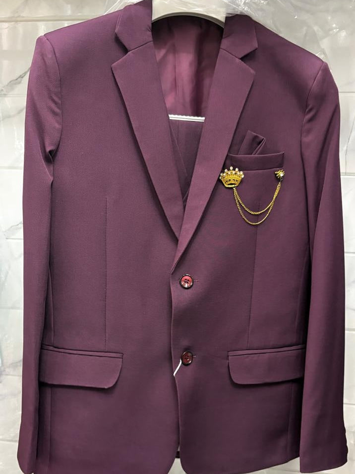 Club AK Men's Wine Burgundy Premium Three-Piece Suit