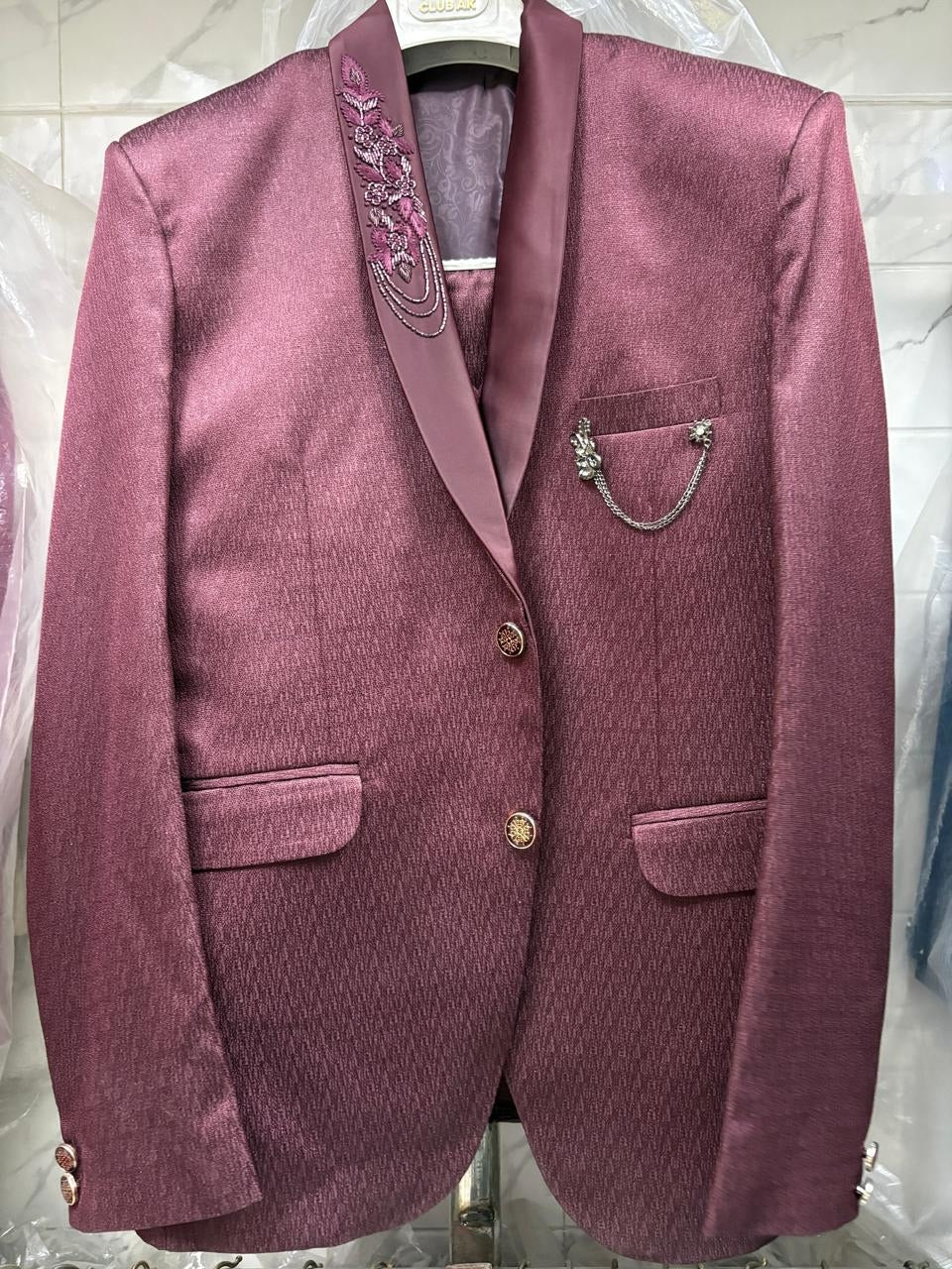 Club AK Men’s Premium Wine Textured Three Piece Tuxedo Suit