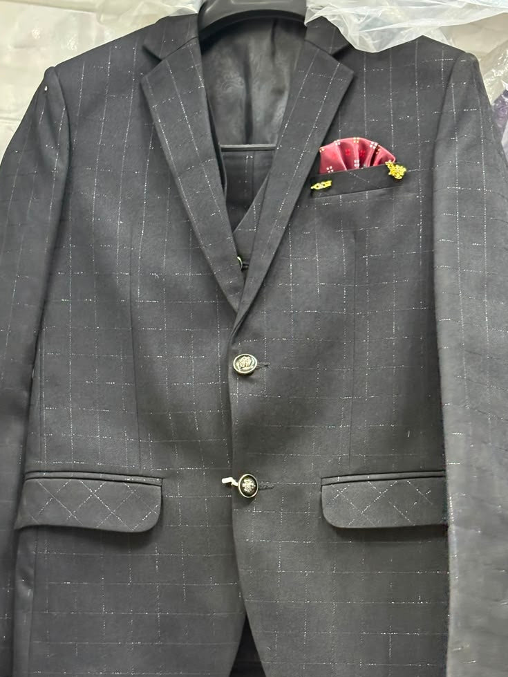 Men's black checked three-piece suit