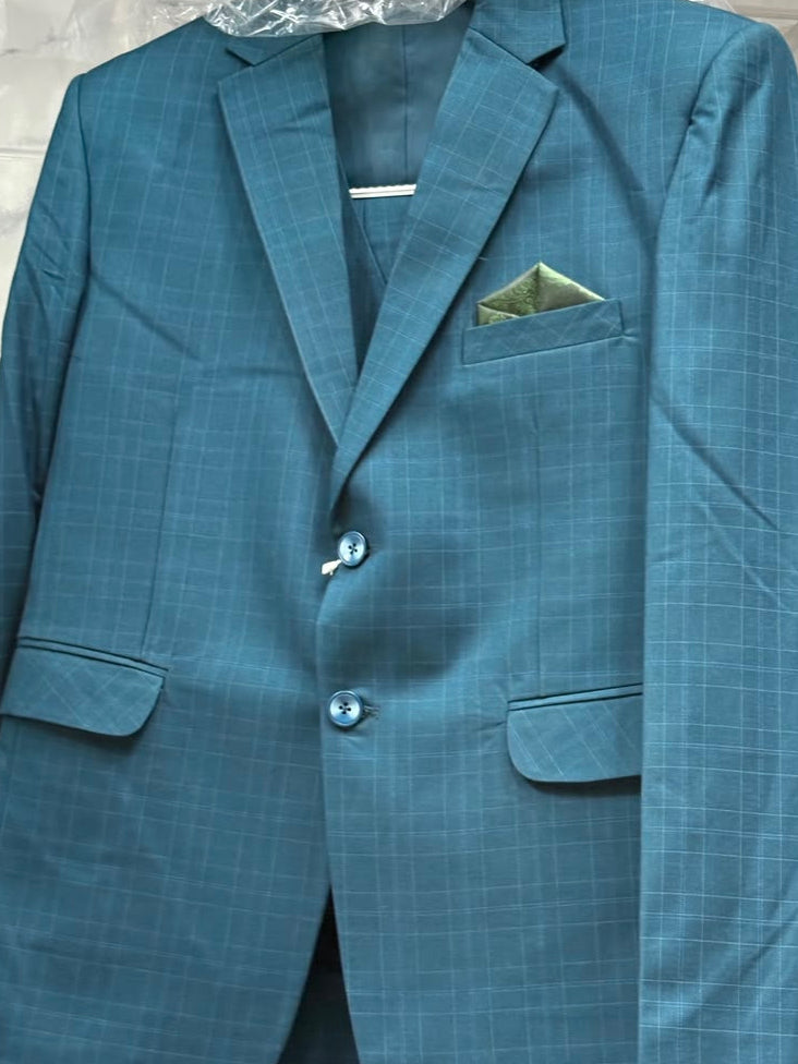 Club AK Men's Teal Blue 3 Piece Suit for Men | Premium Slim Fit Checked Blazer, Waistcoat and Trouser Set