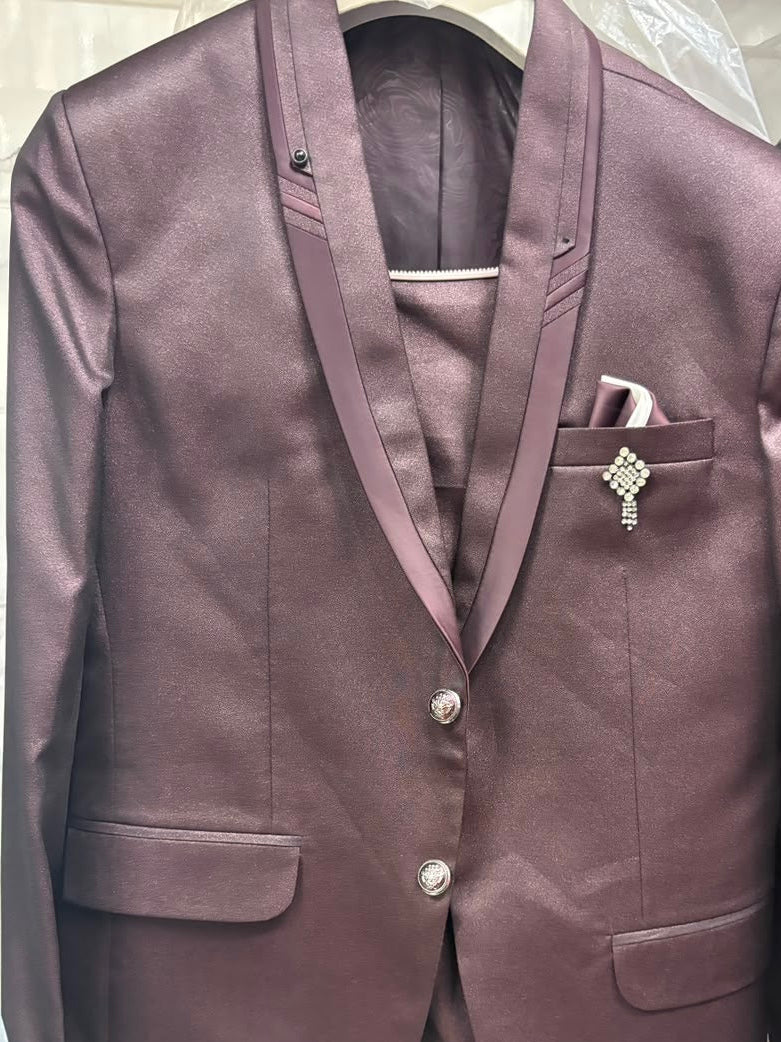 Club AK Men's Premium Wine Satin Finish Two-Piece Suit with Shawl Lapel