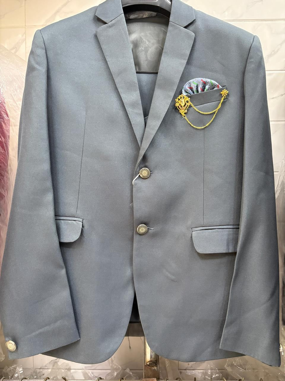 CLUB AK Men's Slate Grey Double Breasted Three Piece Suit for Men | Designer Wedding Suit Set
