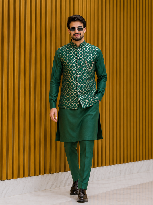 Men’s Designer Geometric Embroidered Kurta Coti Set for Wedding & Festive Wear