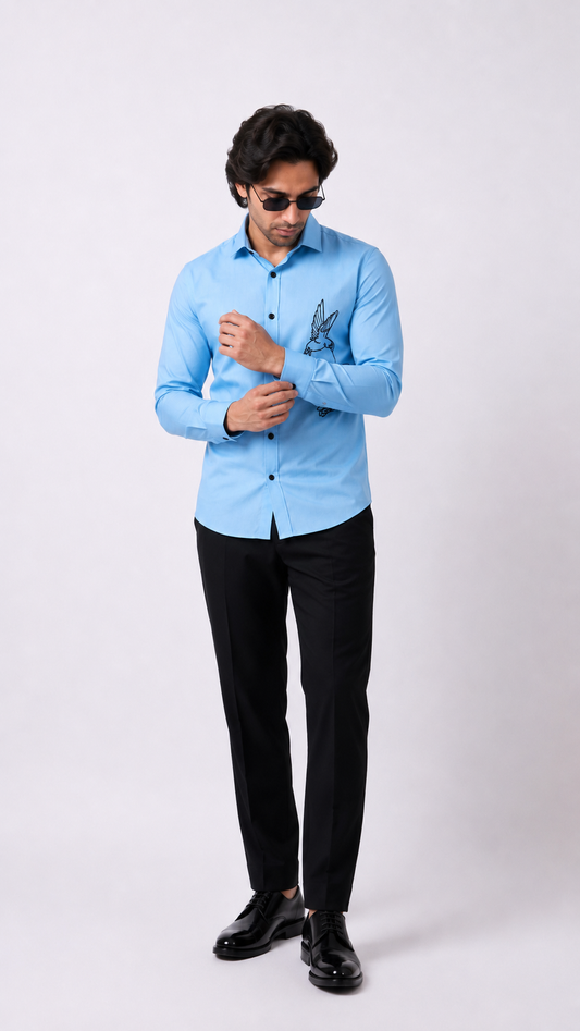 Club AK Men's Premium Black & Royal Blue Embroidered Shirt – Stylish Full Sleeve Casual Party Wear Shirt