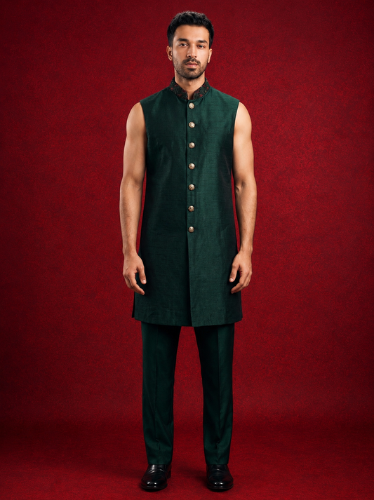 Club AK Men's Dark Green Embroidered Indo Western Suit | Wedding & Reception Wear