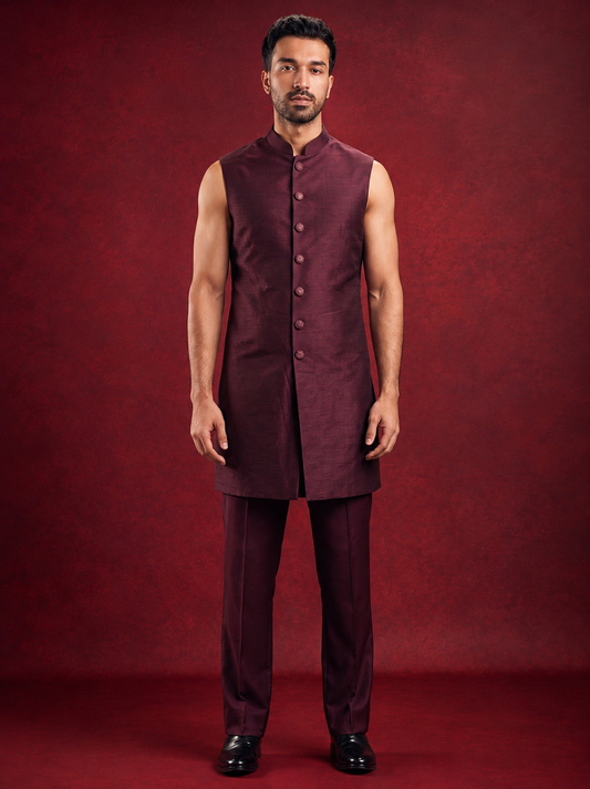 Club AK Men's Premium Maroon Embroidered Indo Western Suit | Wedding & Reception Wear