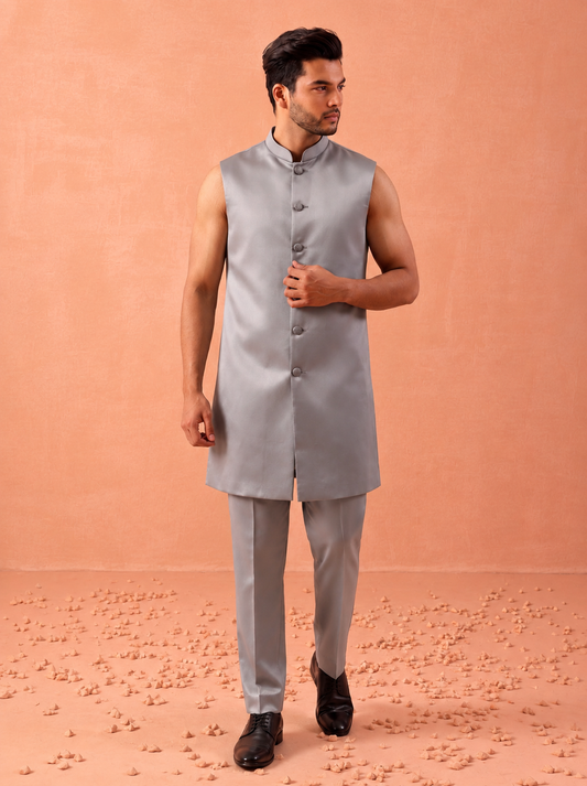 Club AK Men's Premium Ivory & Grey Designer Indo Western Suit | Wedding & Reception Wear