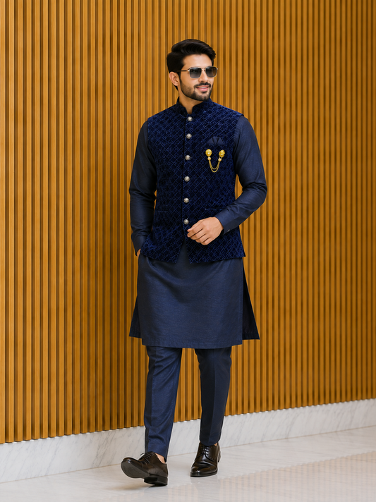 CLUB AK Men’s Designer Kurta Pajama with Embroidered Nehru Jacket