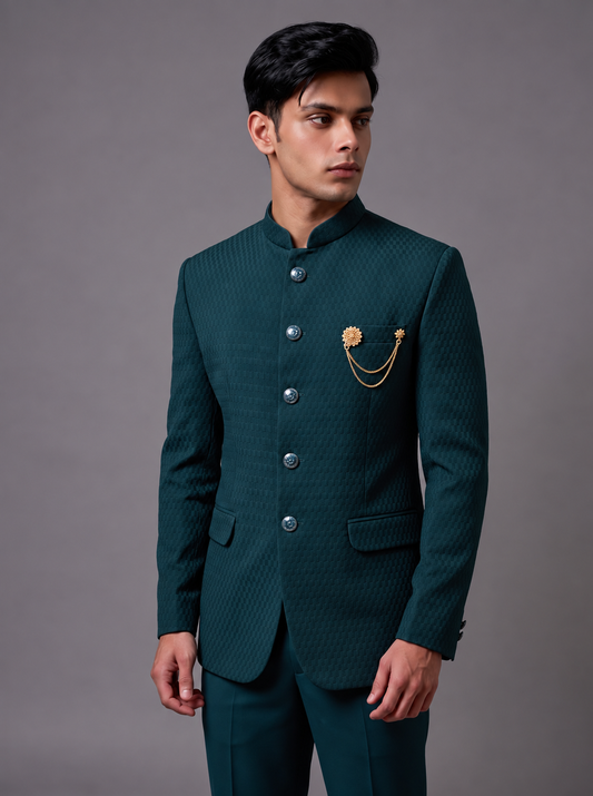 CLUB AK Men’s Premium Designer Jodhpuri Suit with Textured Bandhgala, Brooch & Chain Detail