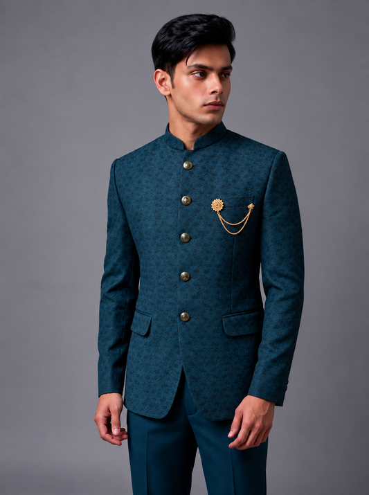 CLUB AK Men’s Premium Designer Jodhpuri Suit with Bandhgala Collar, Jacquard Pattern, Brooch & Chain Detail