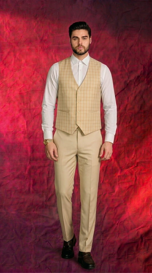 Men's Beige Checkered 3 Piece Suit | Premium Blazer, Waistcoat & Trouser Set for Wedding, Reception & Formal Wear