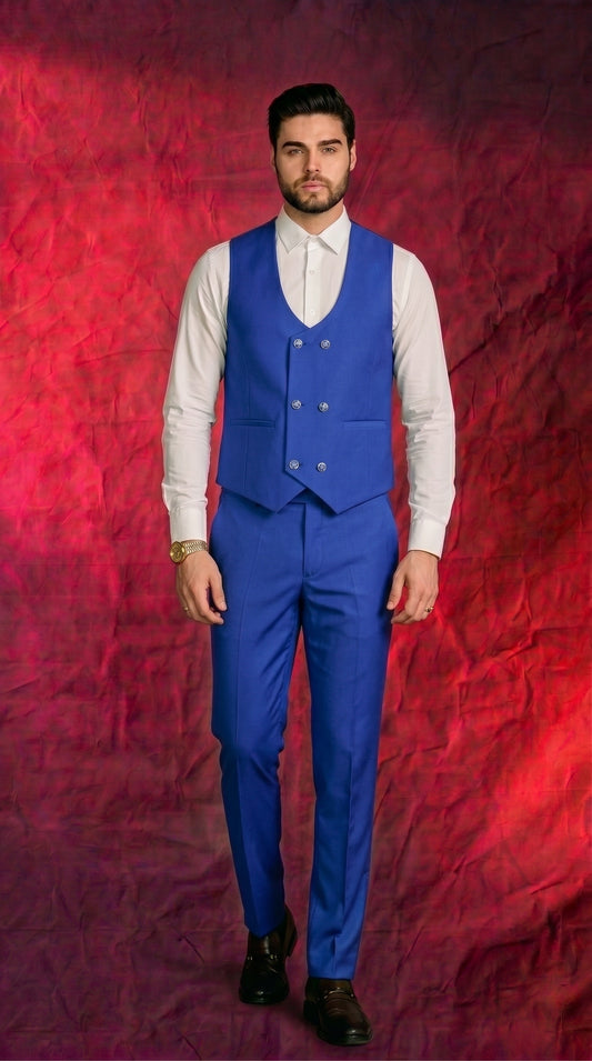 Men's Royal Blue Satin Finish 3 Piece Suit | Premium Blazer, Waistcoat & Trouser Set for Wedding, Reception & Party Wear