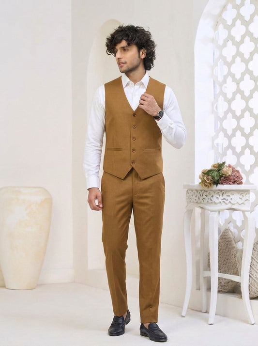 Club AK Men's Luxury Camel Brown Three-Piece Suit with Tailored Blazer, Waistcoat & Trousers