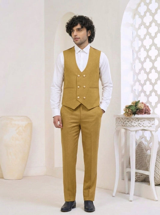 Club AK Men's Regal Mustard Gold Three-Piece Suit with Premium Blazer, Waistcoat & Trousers