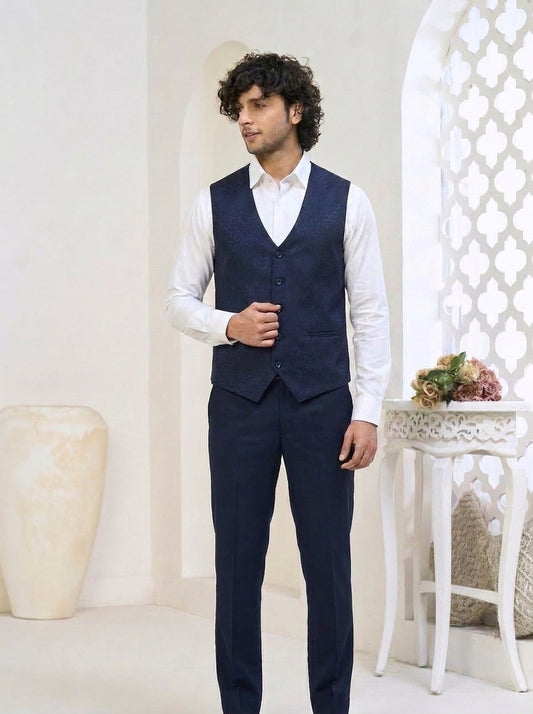 Club AK Men's Signature Navy Blue Three-Piece Suit with Premium Blazer, Waistcoat & Trousers