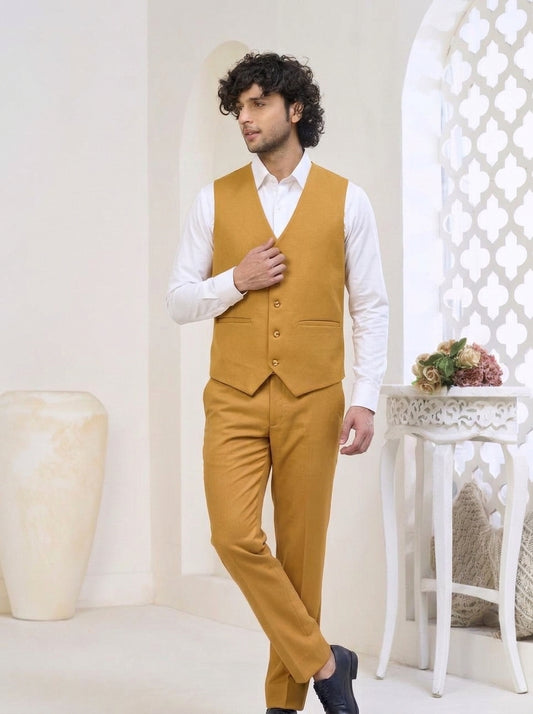 Club AK Men's Golden Ochre Three-Piece Suit with Tailored Blazer, Waistcoat & Trousers