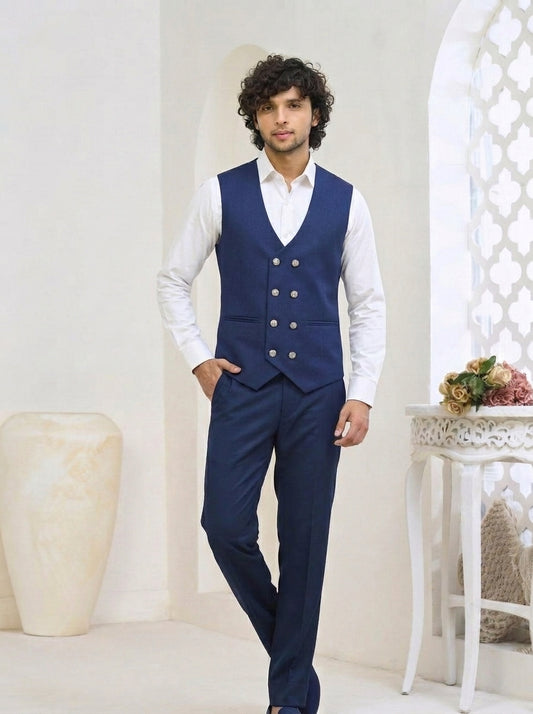 Club AK Men's Cobalt Blue Premium Three-Piece Suit with Tailored Blazer, Waistcoat & Trousers