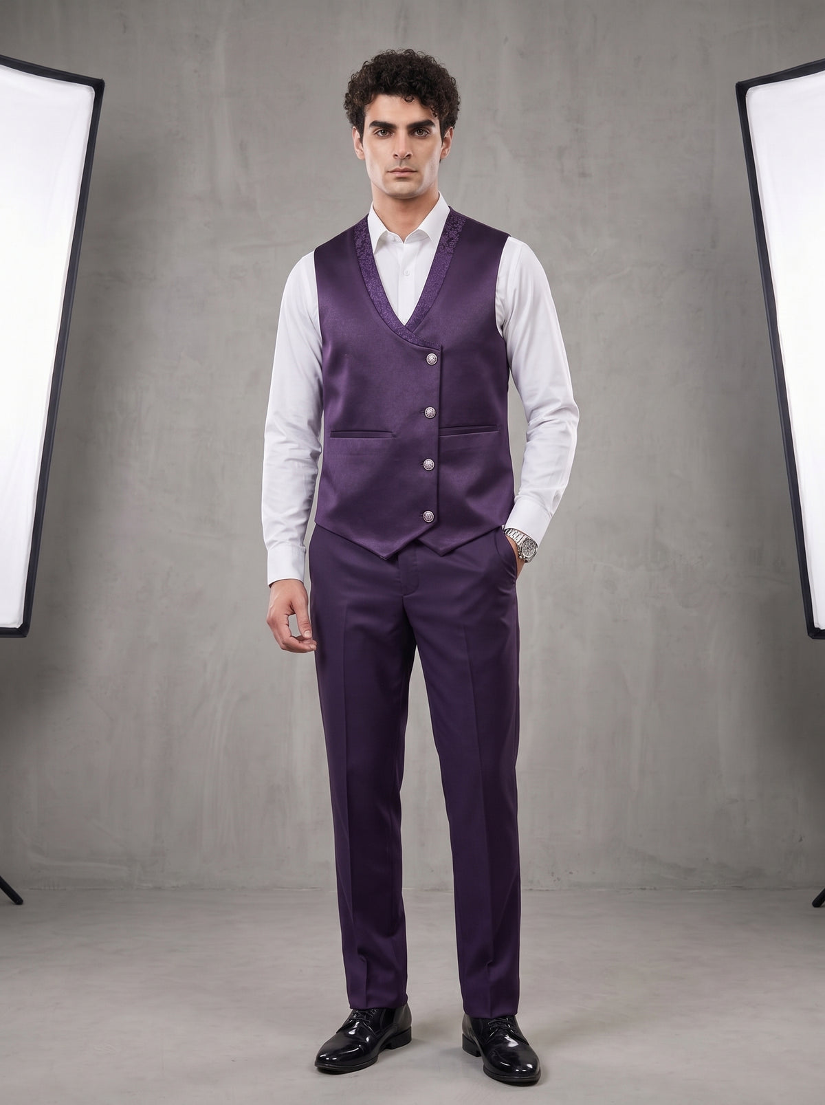 Club AK Men's Royal Purple Jacquard Three-Piece Suit