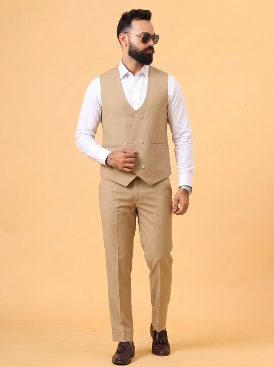Club AK Men's Beige 3 Piece Suit for Men | Premium Slim Fit Blazer, Double Breasted Waistcoat & Trouser Set