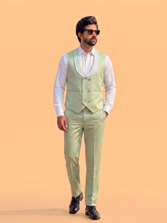 Club AK Men's Premium Mint Green Jacquard Print 3 Piece Tuxedo Suit for Men