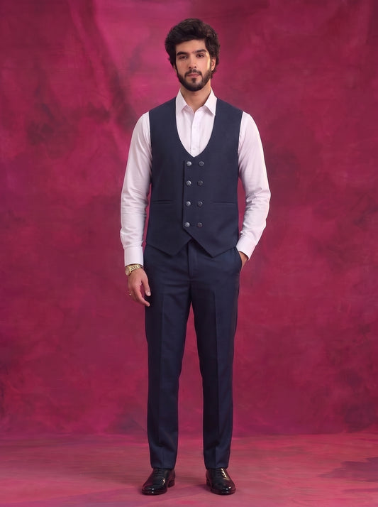 Club AK Men's Navy Blue Premium 3 Piece Suit Set Kohinoor Fabric