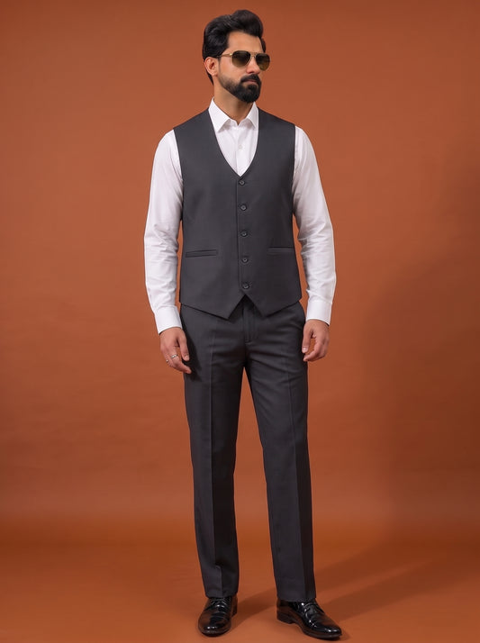 Club AK Men's Charcoal Black Jacquard Three Piece Suit Set for Wedding, Reception, Party & Formal Wear