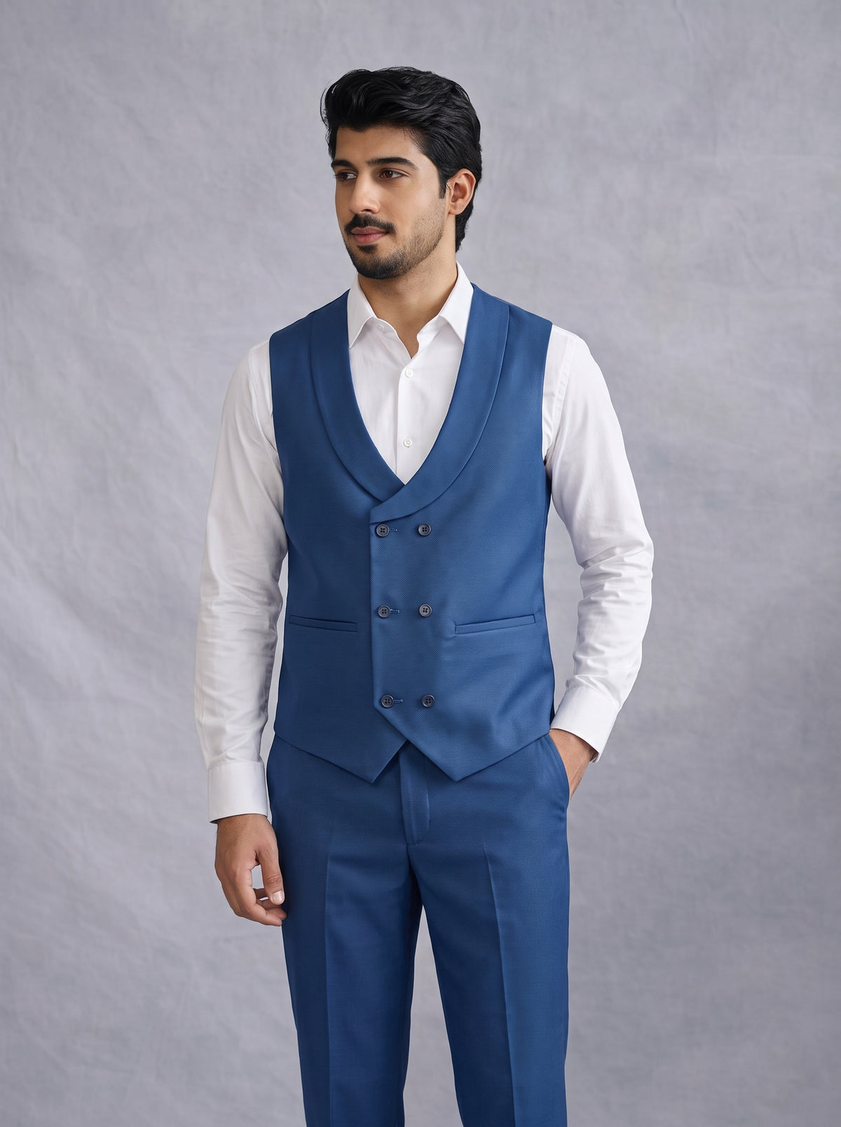 Club AK Men's Steel Blue 3 Piece Suit for Men | Premium Slim Fit Blazer, Double Breasted Waistcoat & Trouser Set