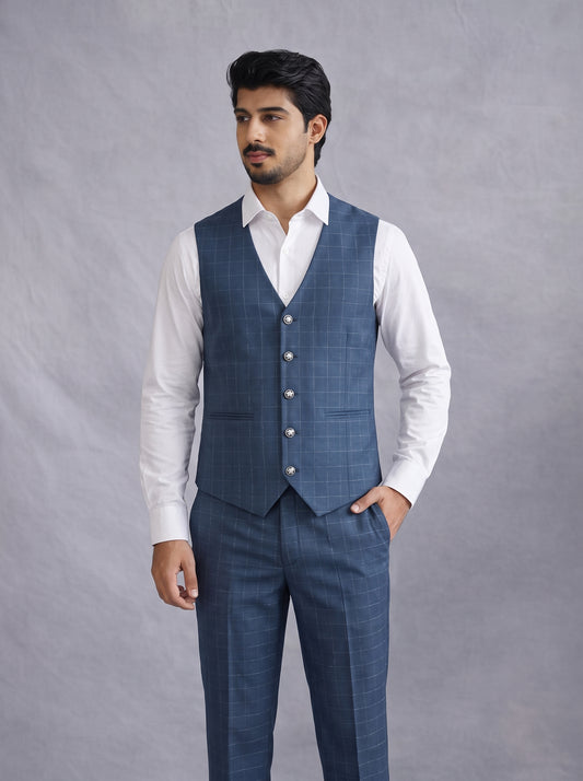 Club AK Designer Blue Windowpane 3 Piece Suit | Men's Formal Collection