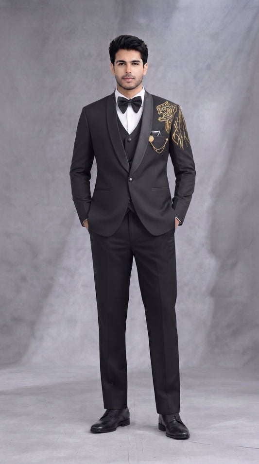 Club AK Men's Designer Tuxedo Suit with Embroidered Shoulder Design for Wedding & Party Wear