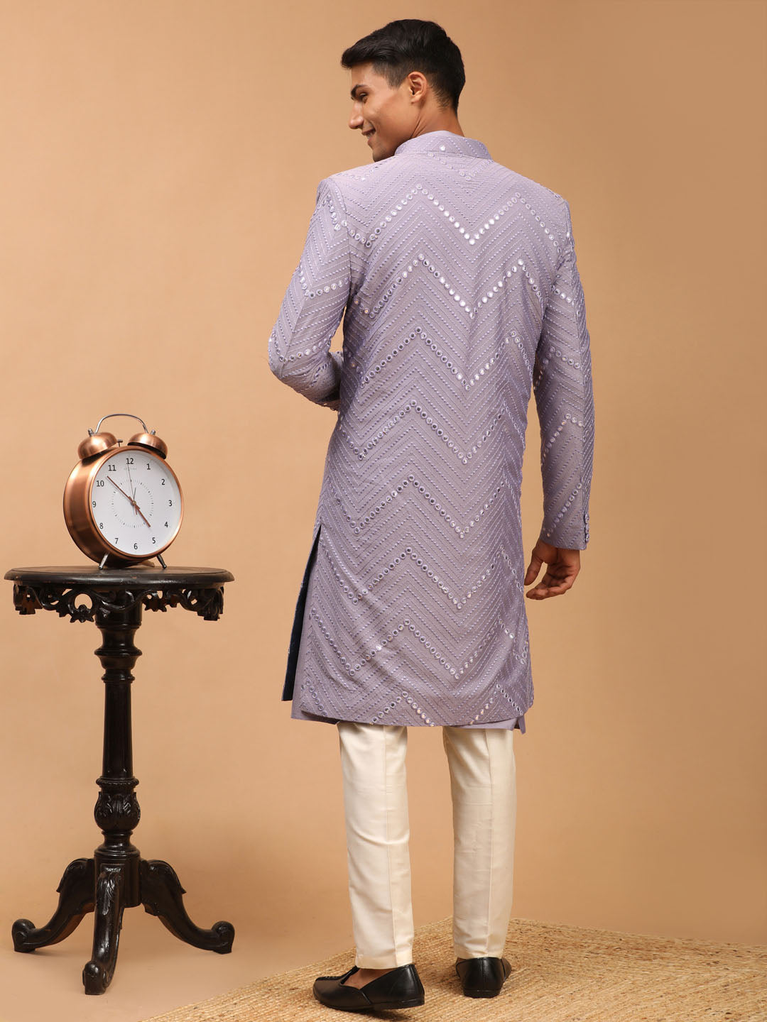 Men’s Purple Solid Kurta Pant Set With Mirror Over Coat Combo Set