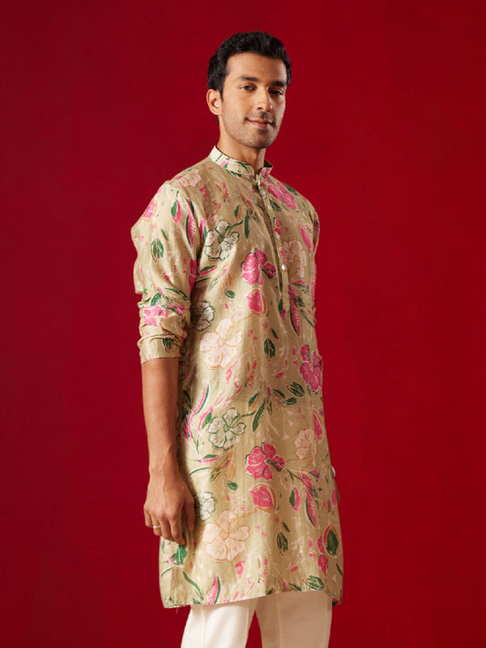 Men’s Multicolor Base Beige Cotton Printed Kurta