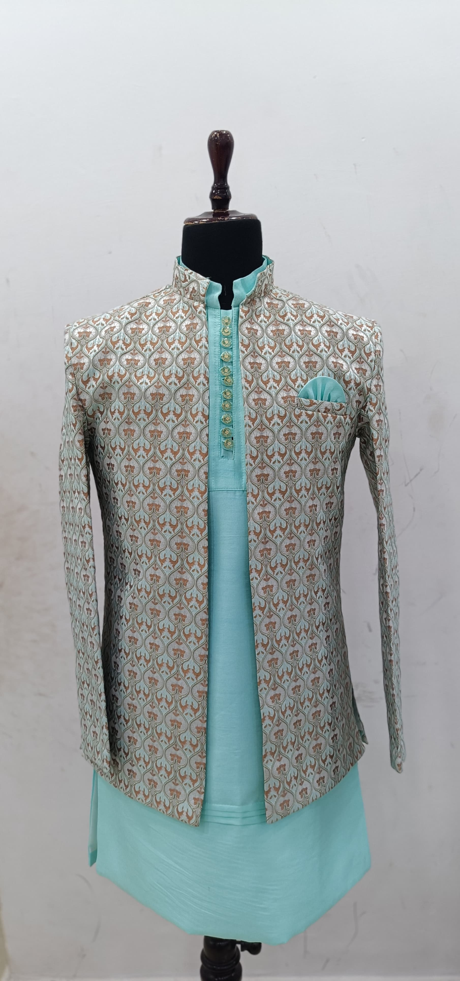 Men’s Cream & Golden Printed Ethnic Shrug | Wedding & Party Wear Jodhpuri Coat