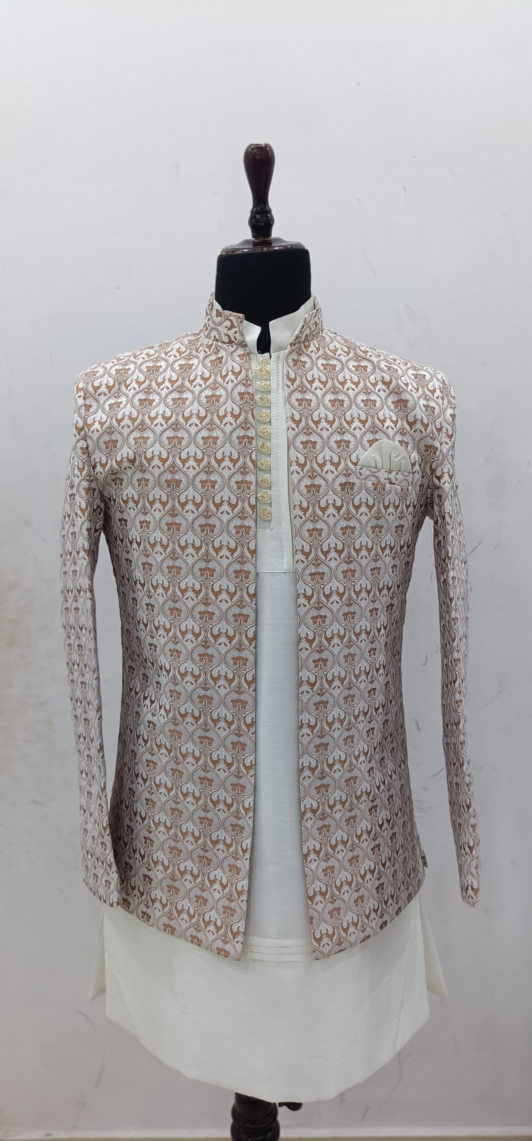 Men’s Cream & Golden Printed Ethnic Shrug | Wedding & Party Wear Jodhpuri Coat