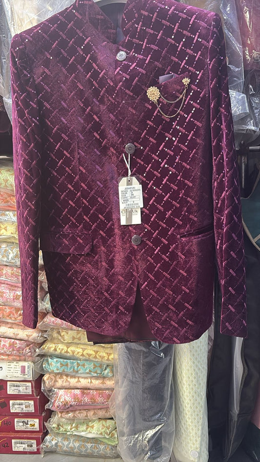 Jodhpuri Wine Velvet Suits with Pant for Men for Wedding