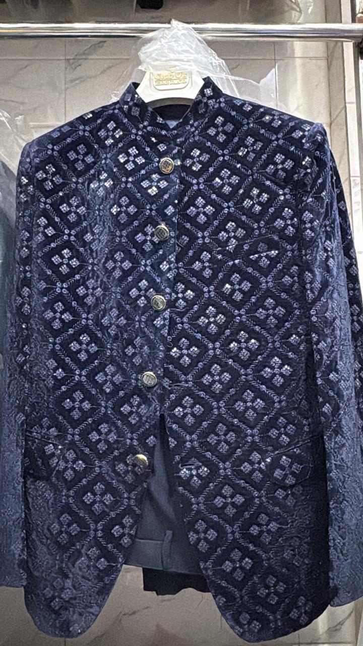 Dark blue velvet Jodhpuri suit detail view