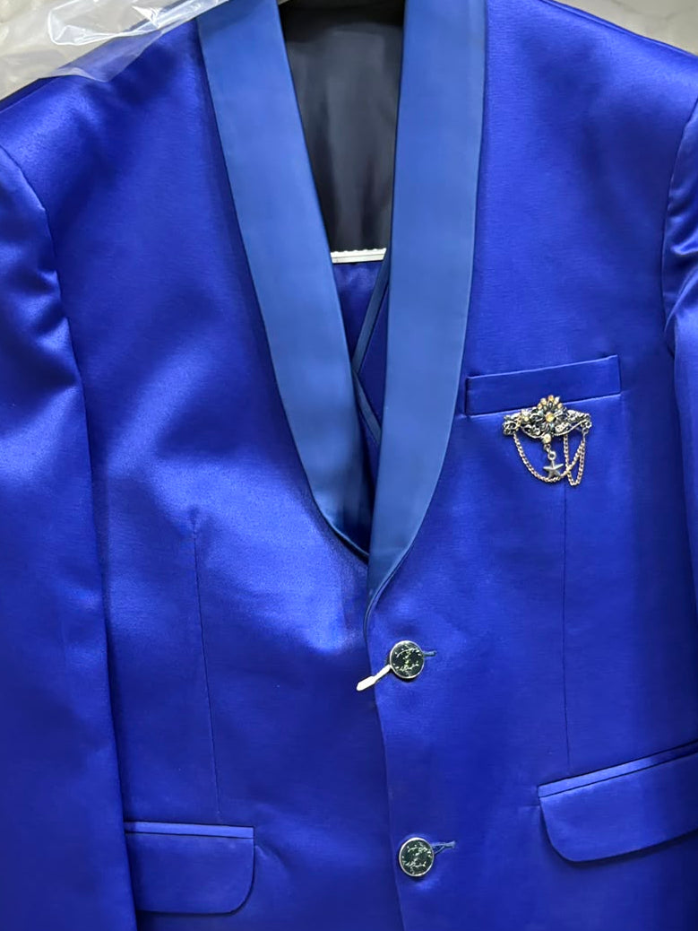 Club AK Men's Stylish Royal Blue Three Piece Suit for Men with Satin Lapel Blazer, Waistcoat and Formal Pants | Premium Wedding & Party Wear