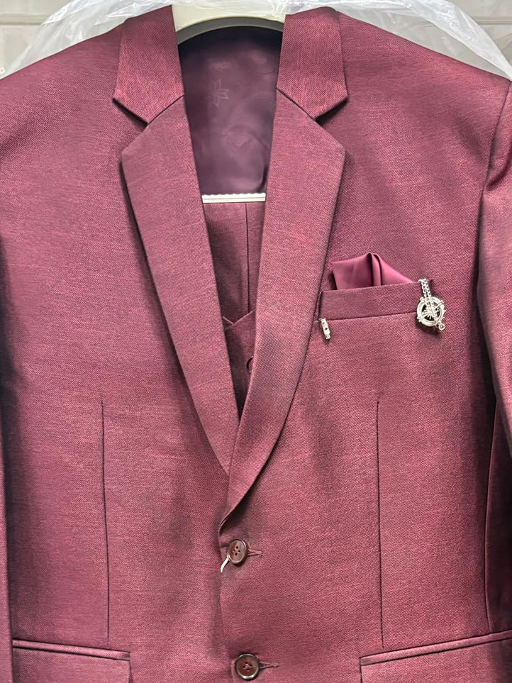 Club AK Men's Elegant Wine Maroon Three Piece Suit for Men with Blazer, Waistcoat and Formal Pants | Premium Wedding Wear