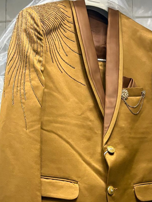 Club AK Men's Premium Mustard Gold Embroidered 3 Piece Suit | Luxury Wedding & Reception Wear