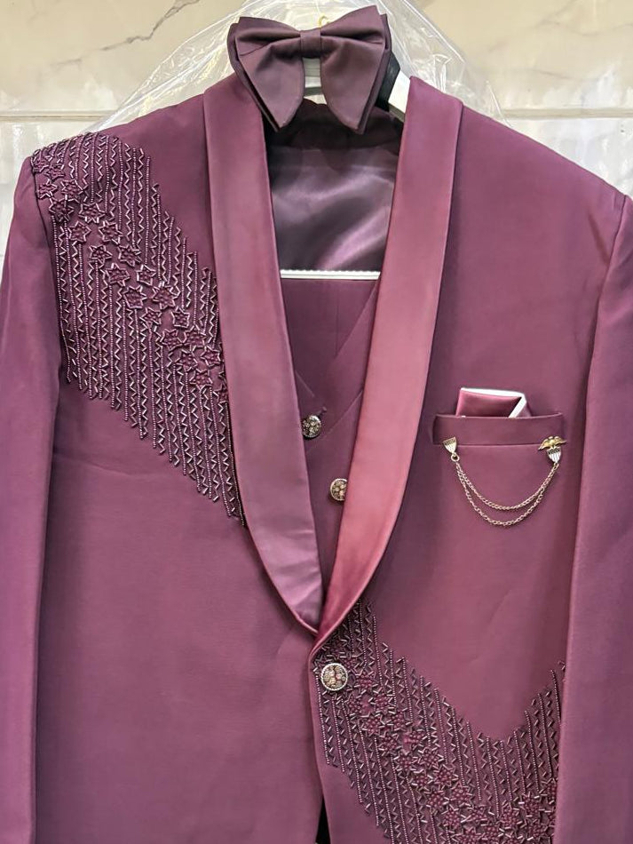 Club AK Wine Embroidered Tuxedo Suit for Men with Satin Shawl Lapel | Designer Wedding Suit