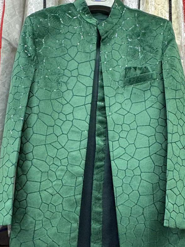 Club AK Men’s Premium Emerald Green Designer Indo Western Suit | Wedding & Party Wear