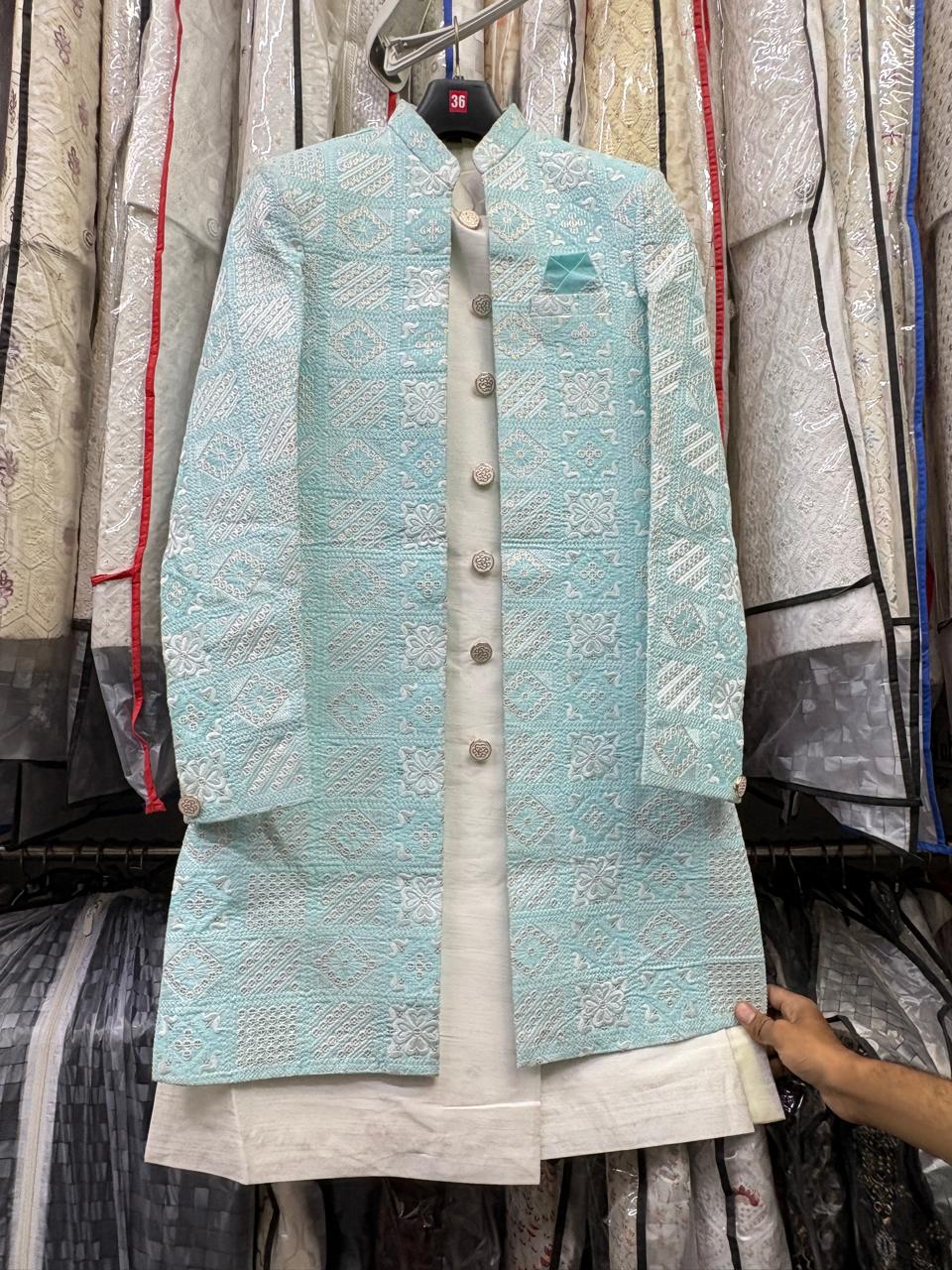 Club AK Men's Premium Designer Pastel Blue Indo Western Suit | Wedding & Party Wear