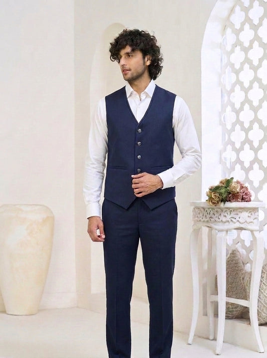 Club AK Men's Royal Navy Shawl Lapel Three-Piece Suit with Designer Blazer, Waistcoat & Trousers
