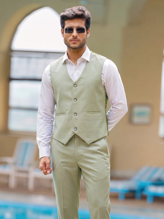 Club AK Men's Elegant Sage Green Three Piece Suit for Men with Blazer, Waistcoat and Formal Pants | Premium Wedding Wear