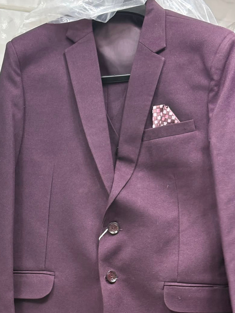 Club AK Men's Designer Wine Purple 3 Piece Suit with Waistcoat and Trouser for Wedding & Reception