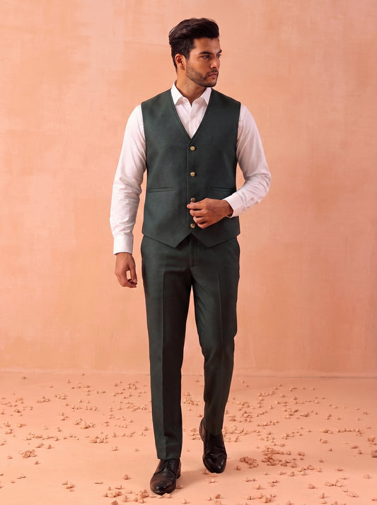 Club AK Men's Designer Dark Green 3 Piece Suit with Blazer, Waistcoat and Trouser for Wedding Wear