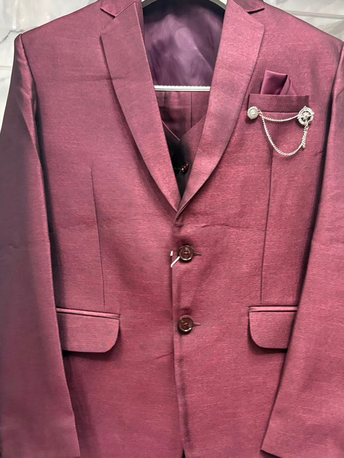 Club AK Men's Premium Wine Shimmer 3 Piece Suit for Men | Slim Fit Blazer, Waistcoat & Trouser Set